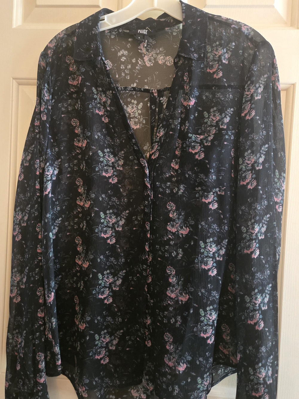 PAIGE Black Sheer Floral Button-Front Blouse with Pink & Blue Accents
